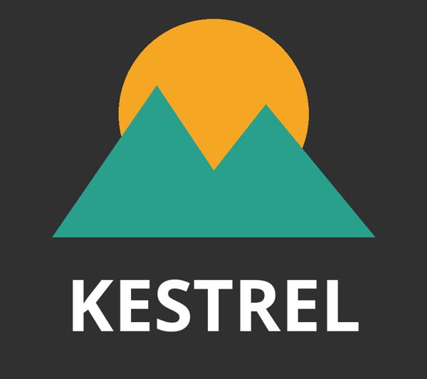 Made-up Kestrel design: an orange sun over teal mountains with the word KESTREL in white