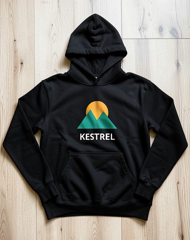 Black hoodie laid flat on a wooden floor with the Kestrel design printed on the chest
