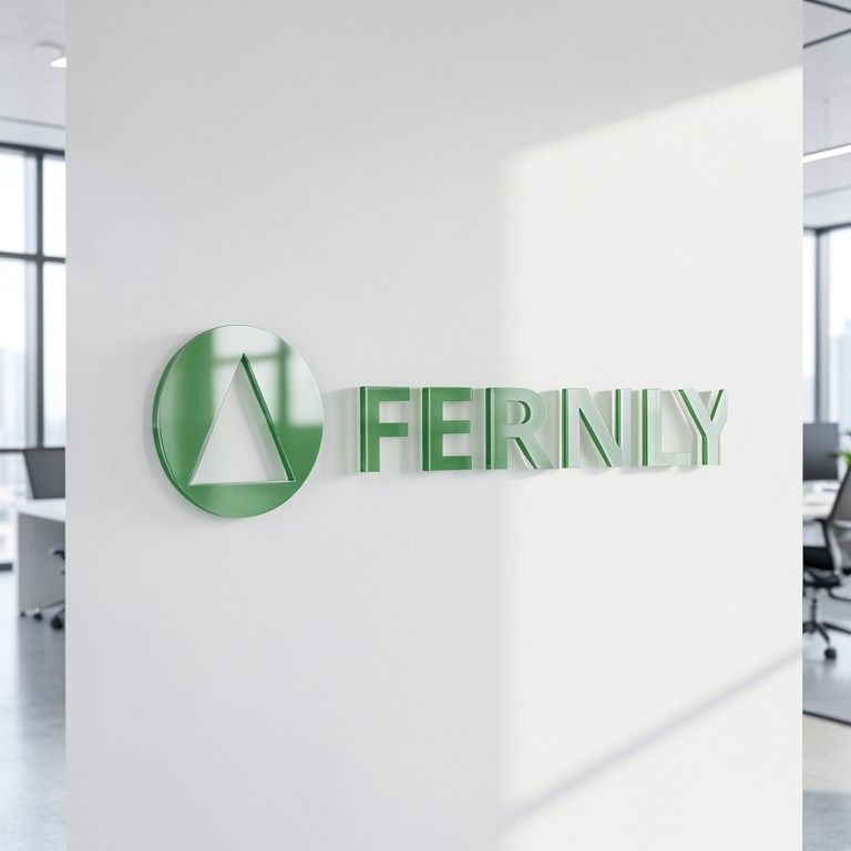 Fernly logo as raised green acrylic letters on a white office reception wall