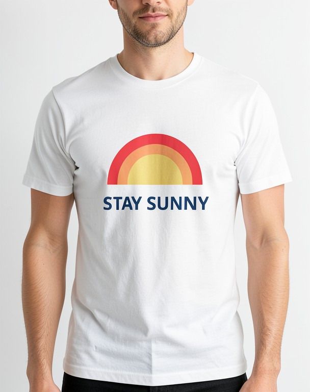 Person wearing a white t-shirt with the Stay Sunny design printed on the chest